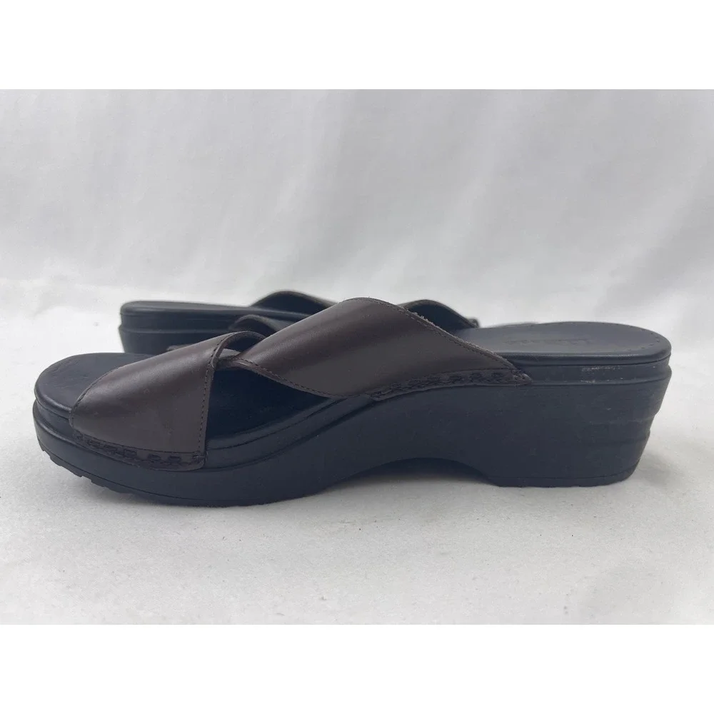 LL Bean Leather‎ Wedge Slide Sandals Womens 8.5 M Brown Cross Strap Comfort